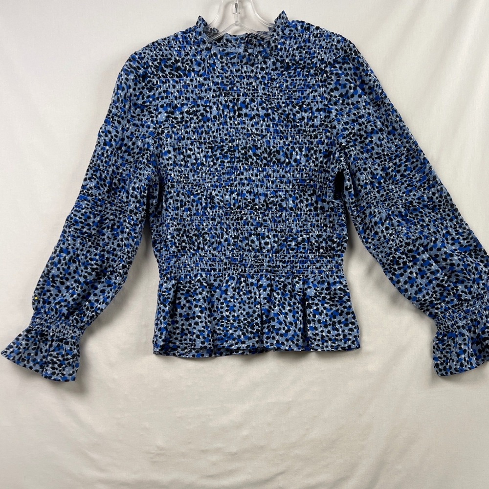 Express Smocked Blouse Womens Small Blue Animal Print Mock Neck Peplum Top